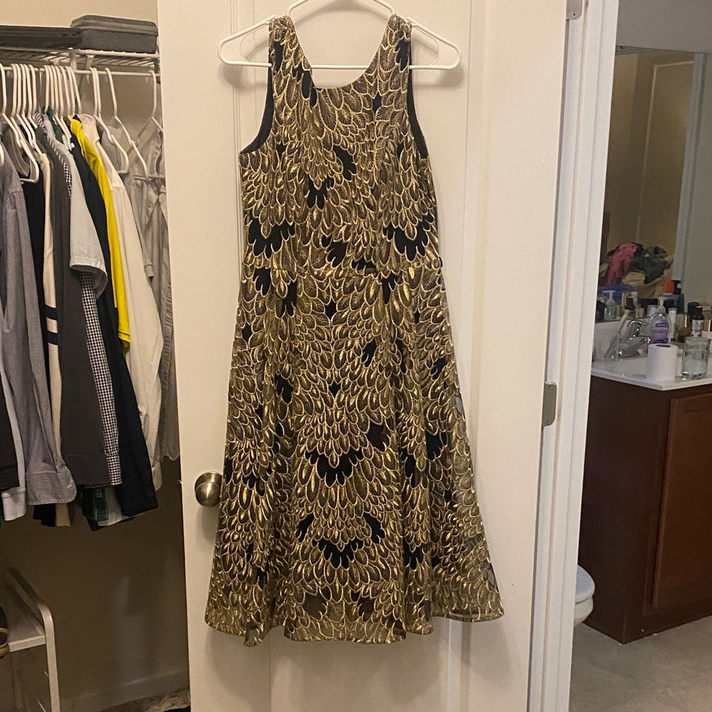 NWT White House Black Market Black and Gold Embroidered Feather Midi Dress